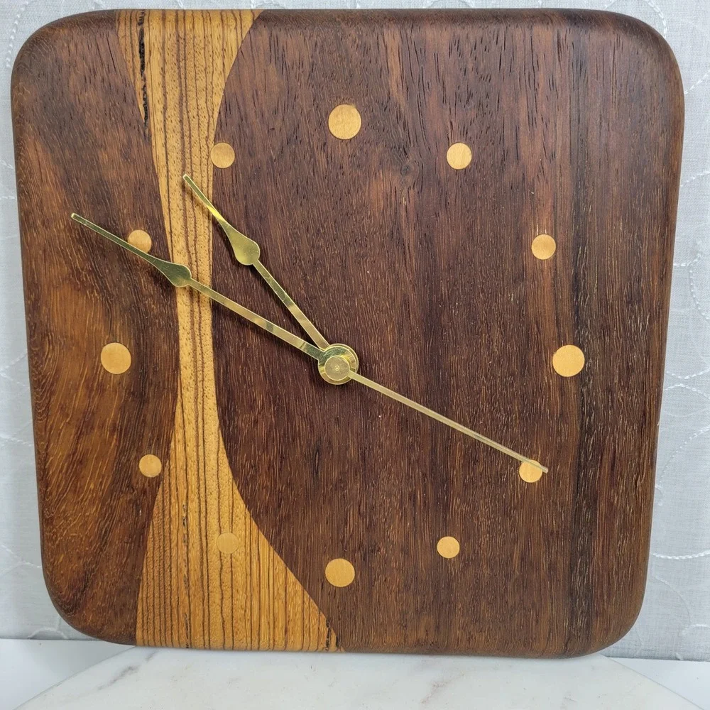 VTG Mixed Wood Wall Clock MCM Brass Hands Quartz Japan Studio Handmade Works